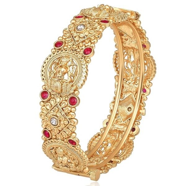Gold Plated Goddess Laxmi Thick Synthetic Stone Studded Single Piece Openable Kada Bangle Antique Jewellery