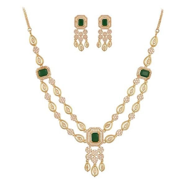 Gold Plated American Diamond Cubic Zirconia Studded Drop Necklace Jewellery Set With Dangler Earrrings